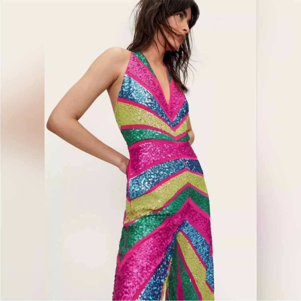 Brand New NastyGal Sequin Color Block Jumpsuit Size 8